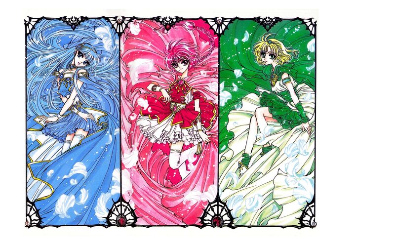 three magical girls in colored panels