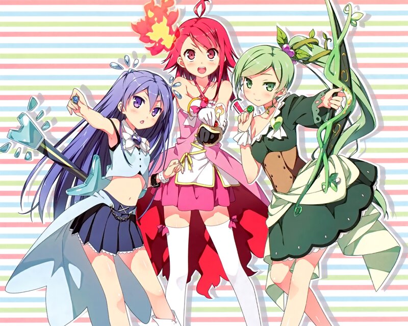 three magical girls in colorful outfits