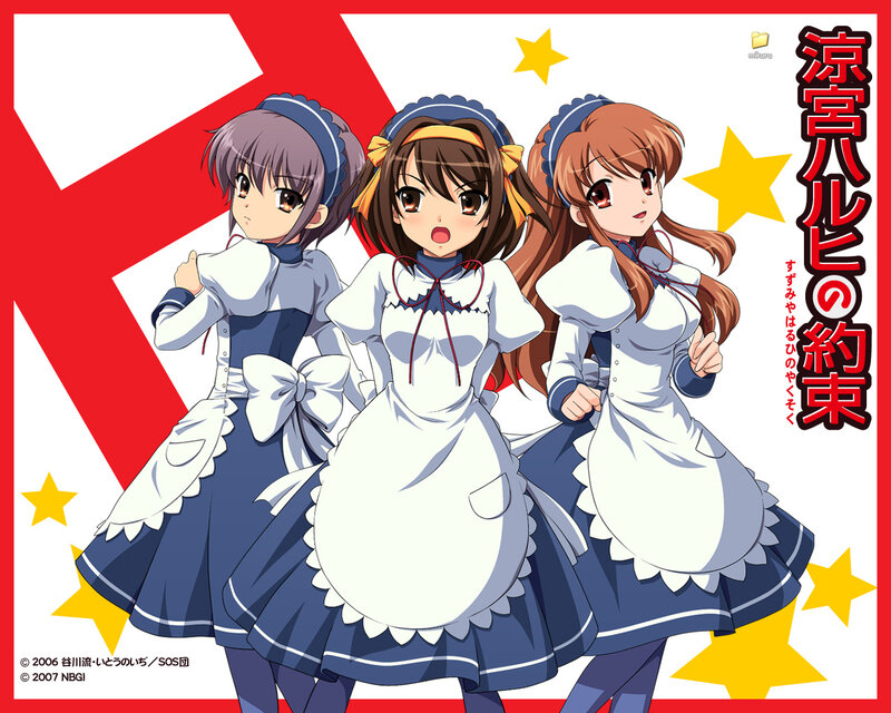 Three maids in blue and white uniforms