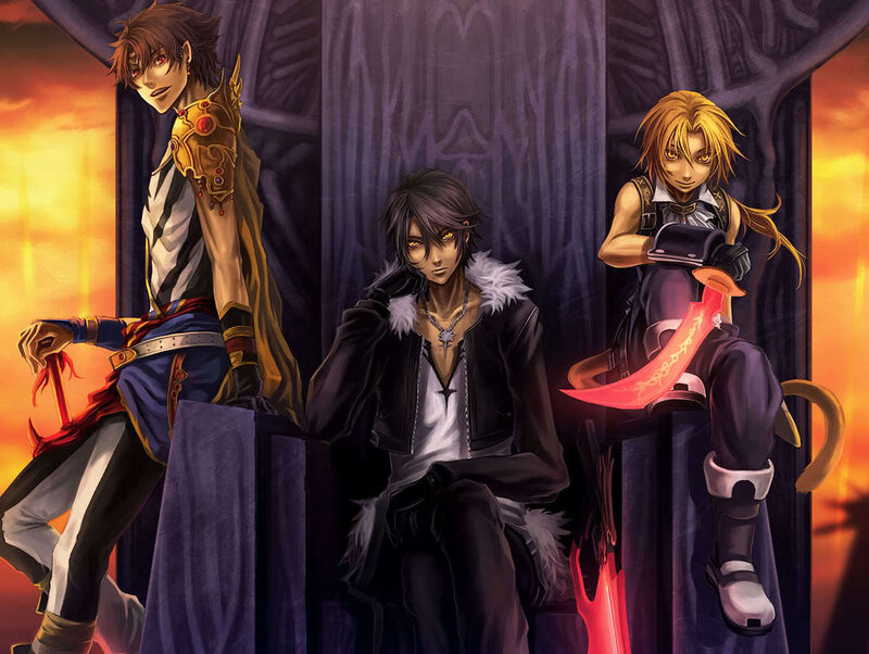 Three Male Characters — Purple, Dramatic