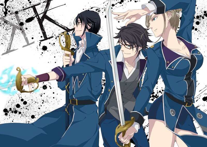 Three Male Characters with Swords — Blue