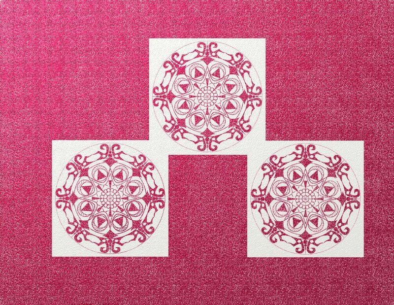 three mandala designs on pink
