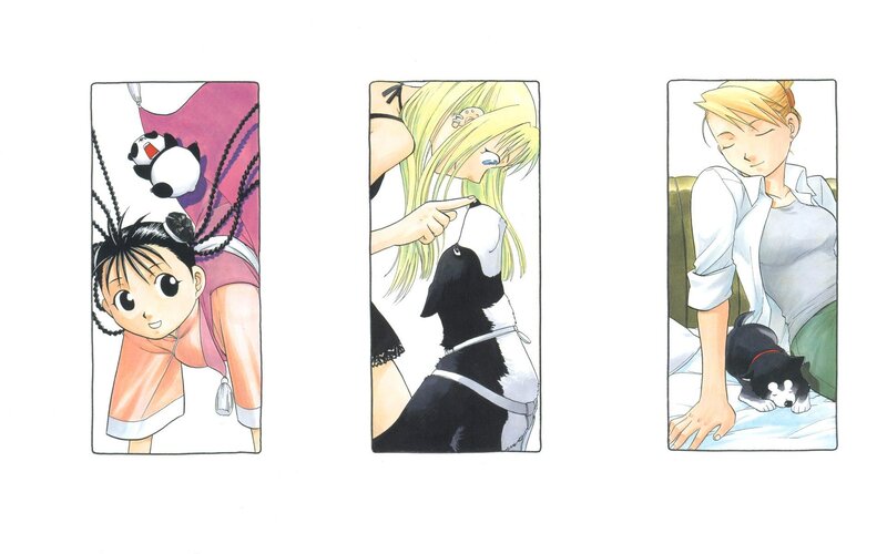 Three manga panels with characters and dogs