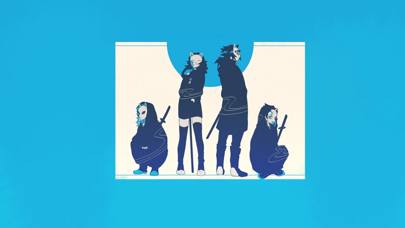 Three Masked Figures — Blue, Dramatic