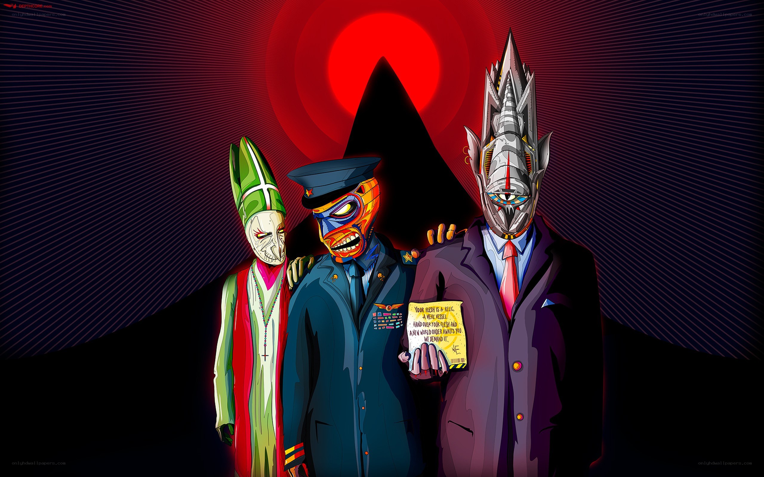 Three masked figures in suits