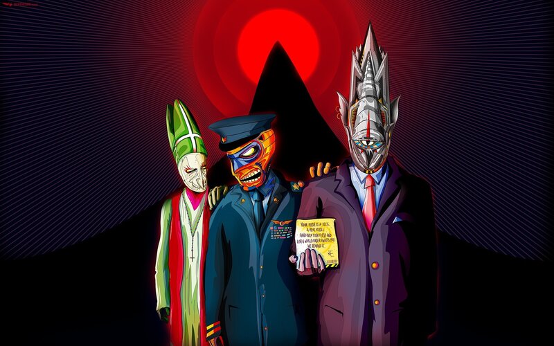 Three Masked Figures — Red, Dramatic
