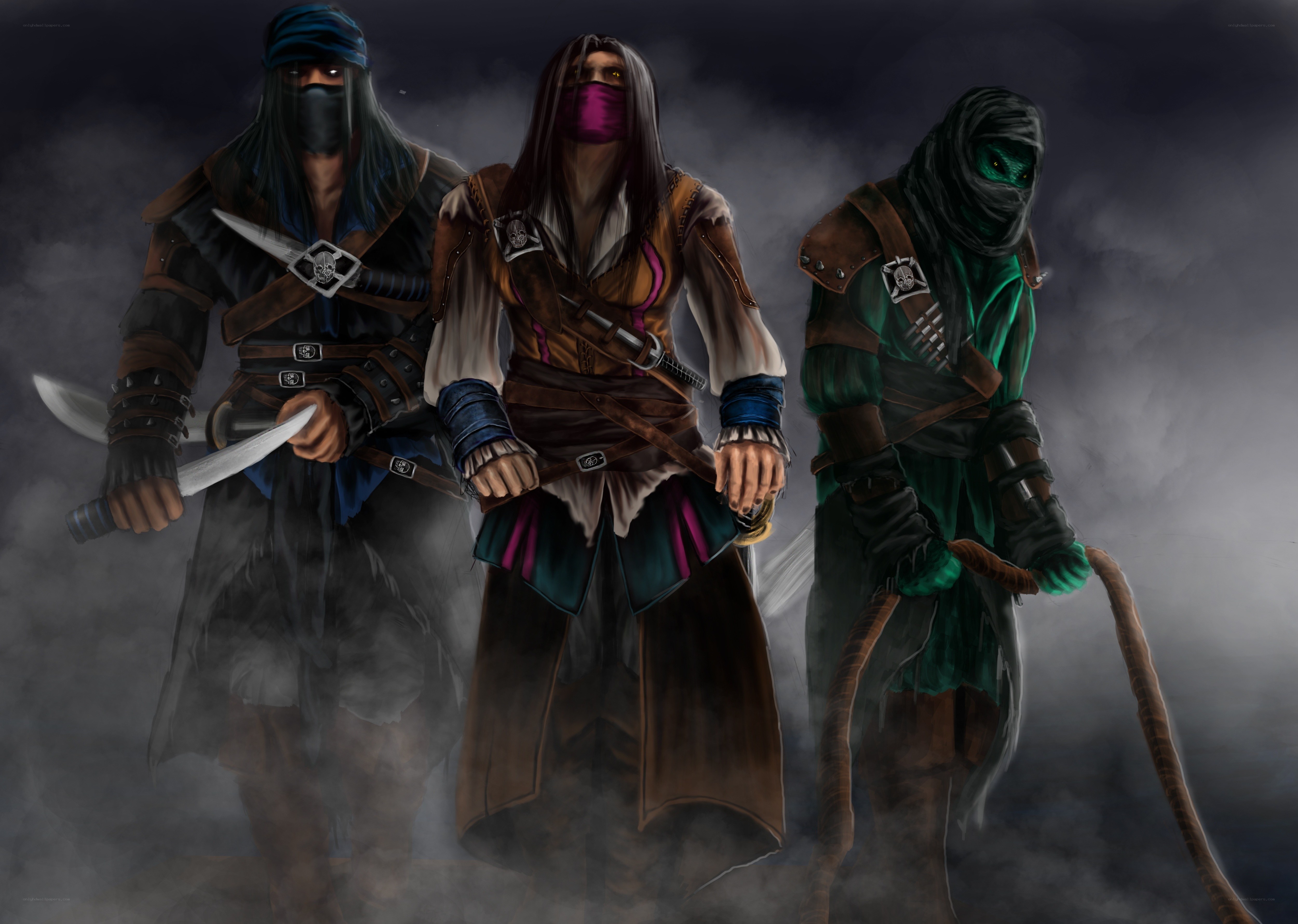 Three masked warriors in mist