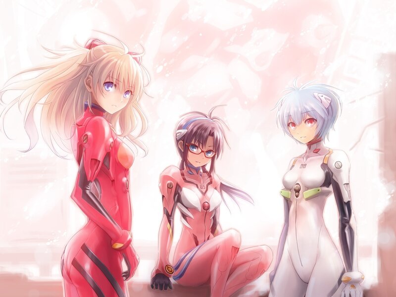 three mecha pilots in plugsuits