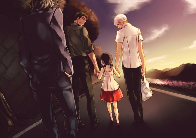 Three Men and a Girl Walking