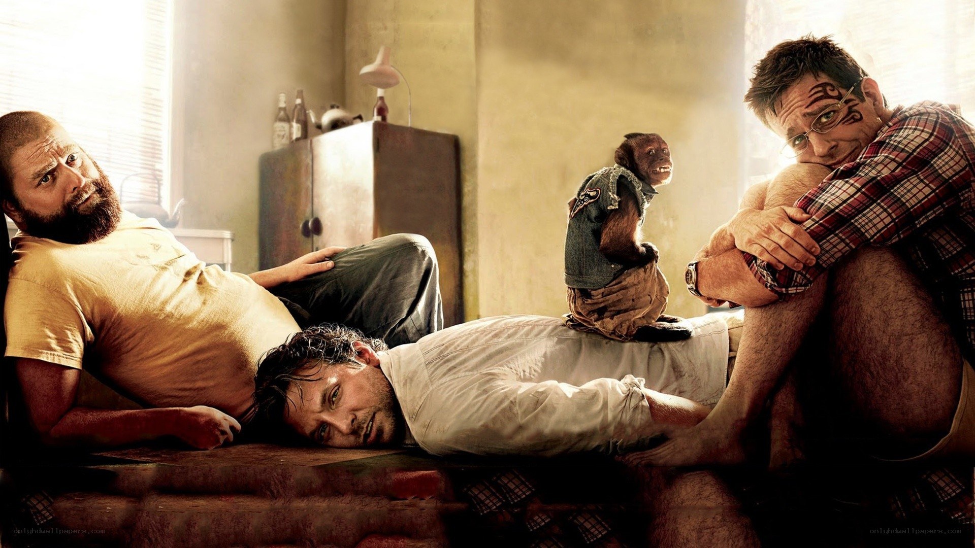 Three men and a monkey in a room