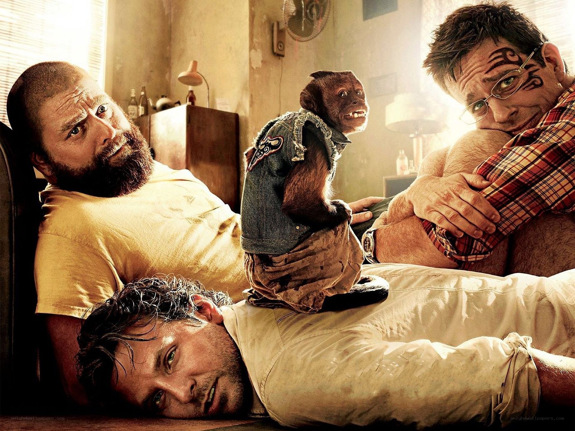 Three men and a monkey in a room