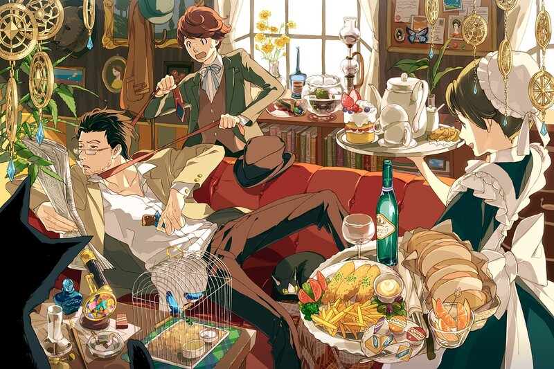 Three men in a cozy parlor