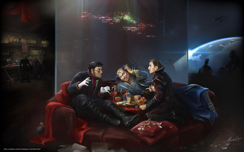Three men in a space lounge