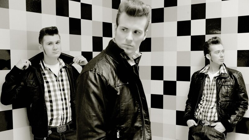 Three Men in Leather Jackets — Black, Dramatic, Photograph, Checkered Wall