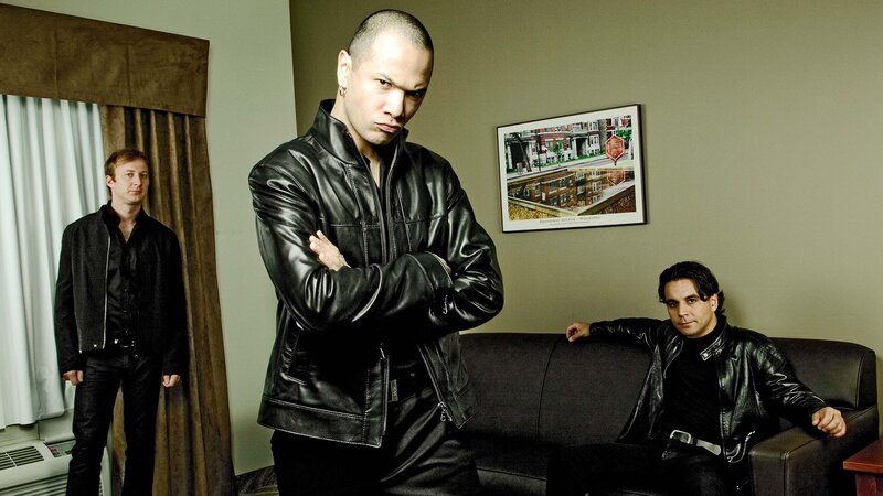 Three Men in Leather Jackets — Black, Serious, Photograph, Couch