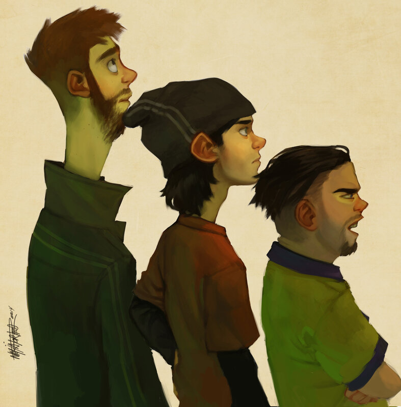 Three Men in Profile — Green