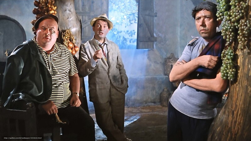 Three men in rustic setting