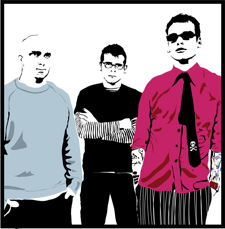 three men in stylized illustration