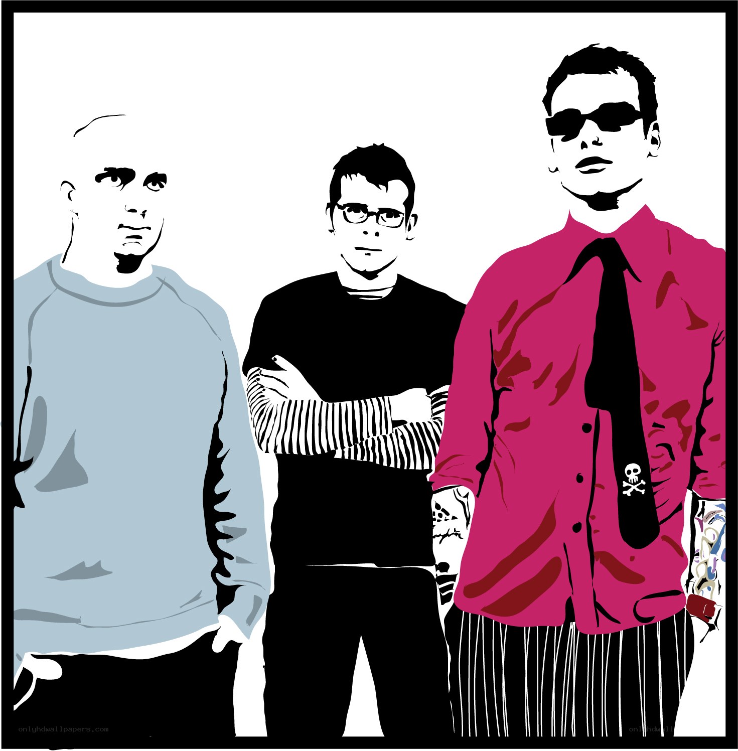 three men in stylized illustration