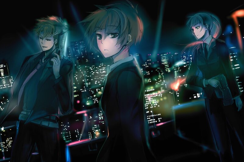Three men in suits at night