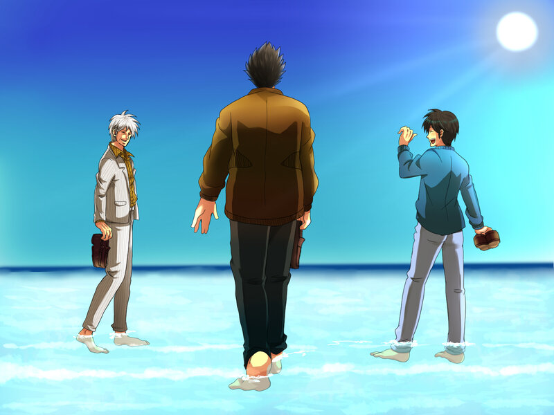 Three men on a beach
