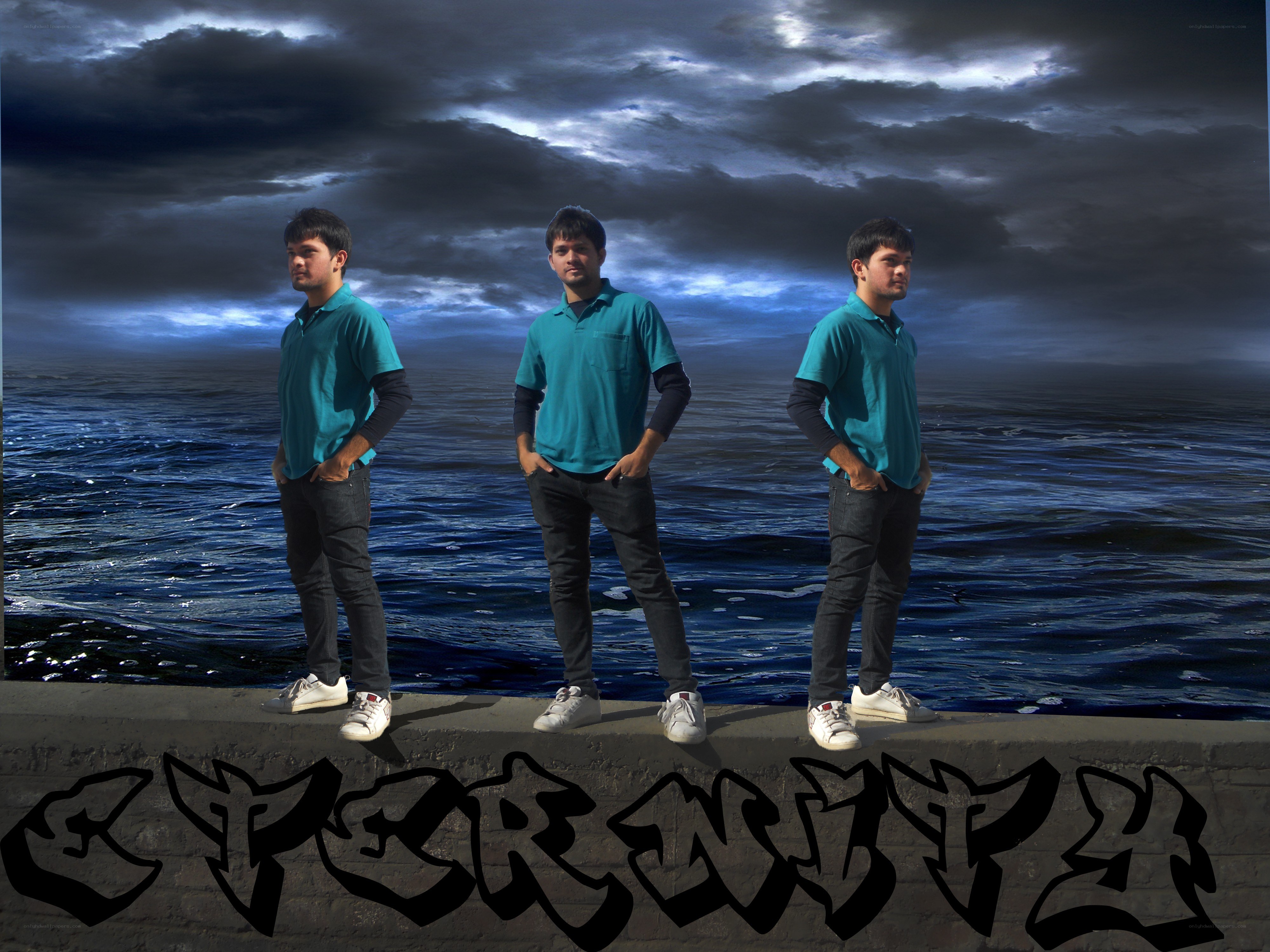 Three men on a pier at night