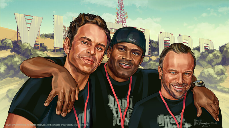 Three Men Posing Together — Blue, Friendly, Afternoon