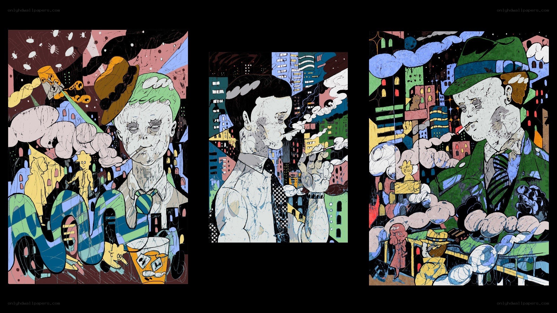 Three men smoking in cityscapes