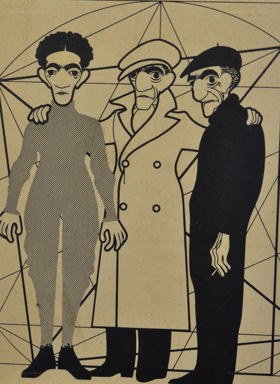 Three men under an umbrella