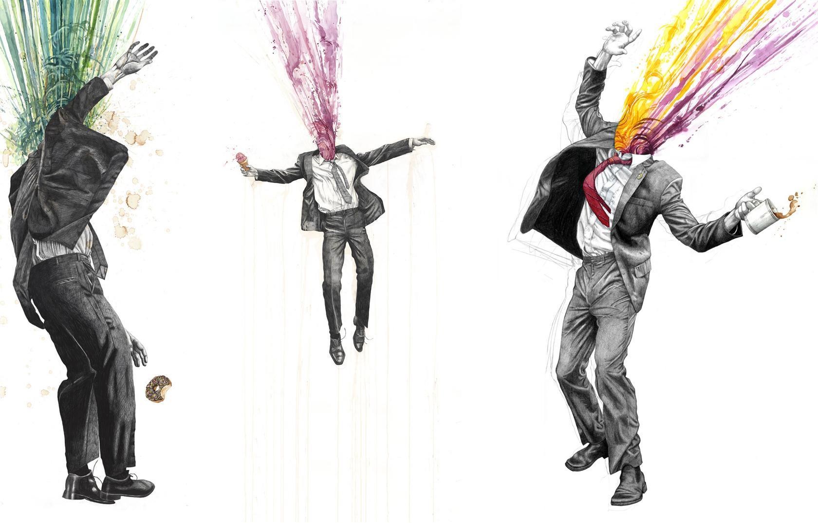 Three men with colorful head explosions