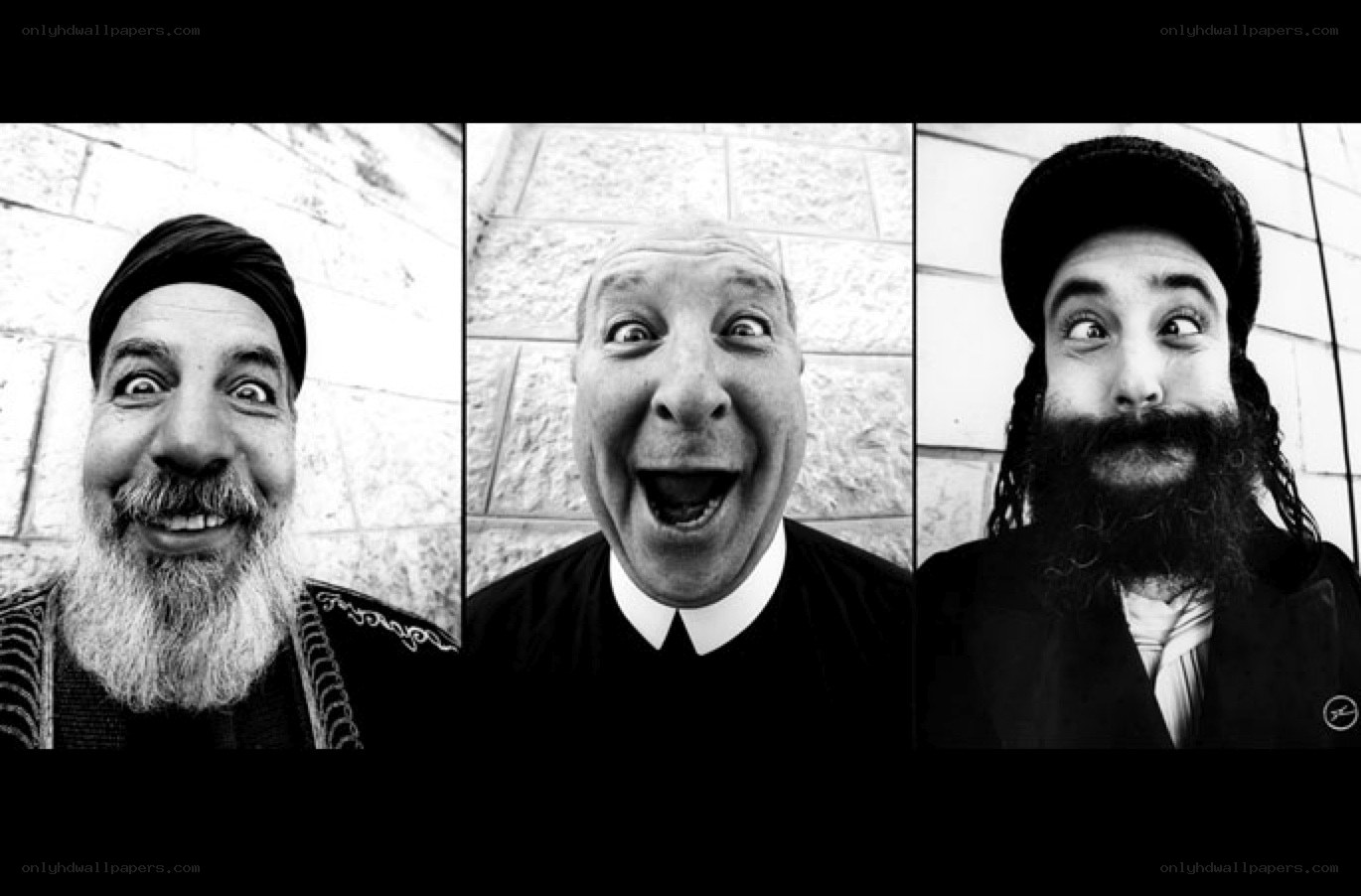 Three men with expressive faces