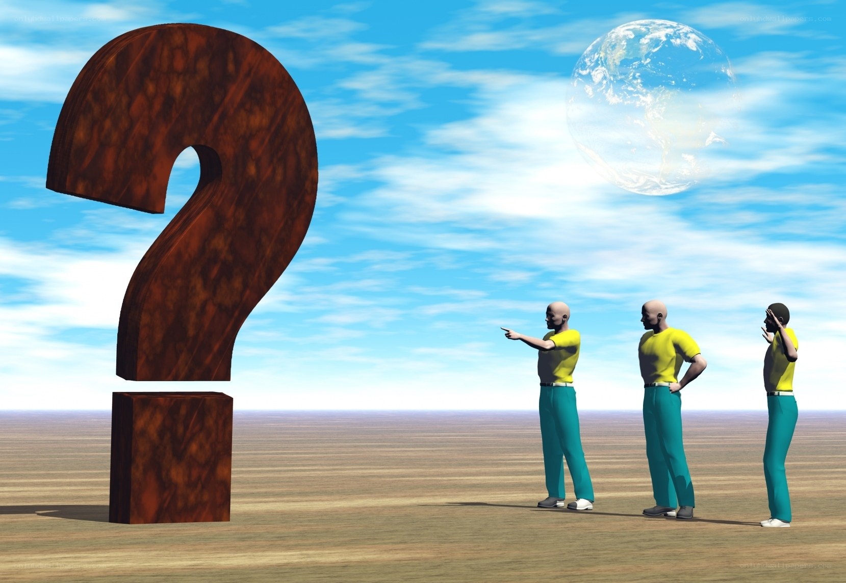 Three men with giant question mark