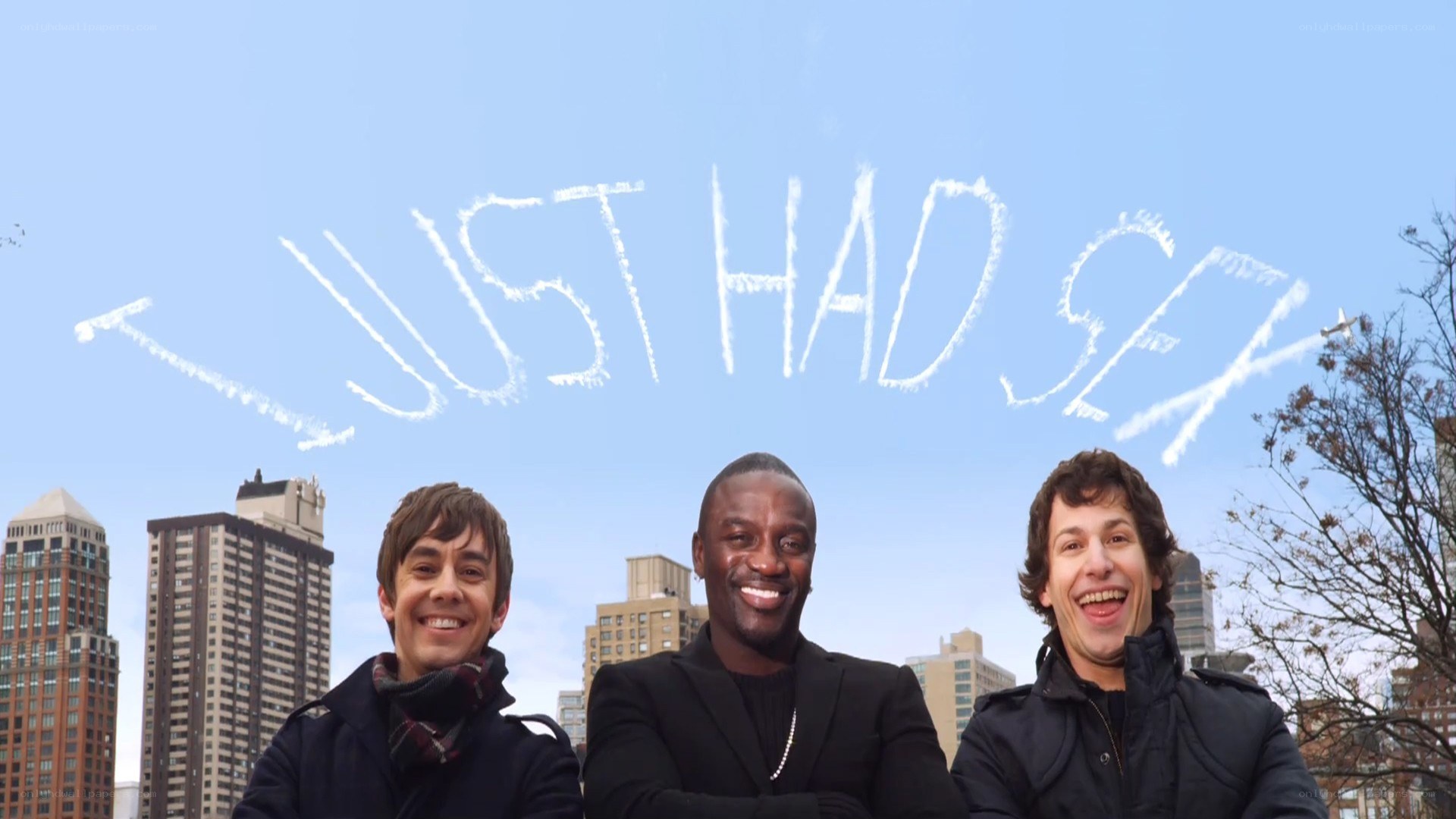 three men with text in sky