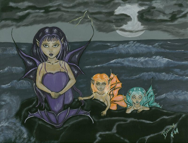 Three Mermaids on a Rock — Purple