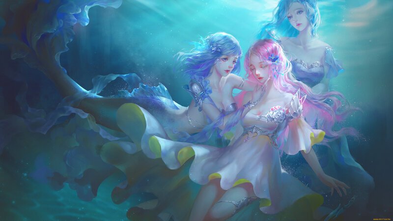 Three Mermaids Underwater — Blue