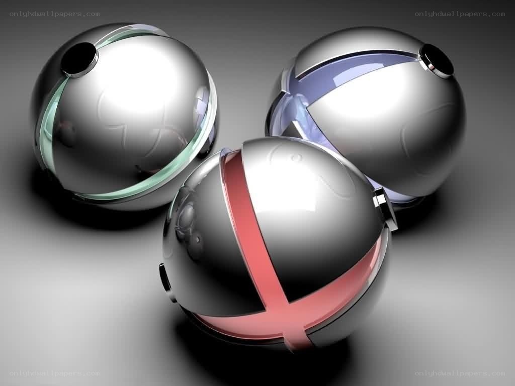 Three metallic spheres with colored bands