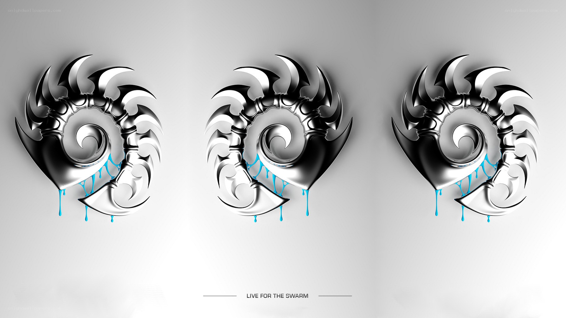 three metallic symbols with blue drips