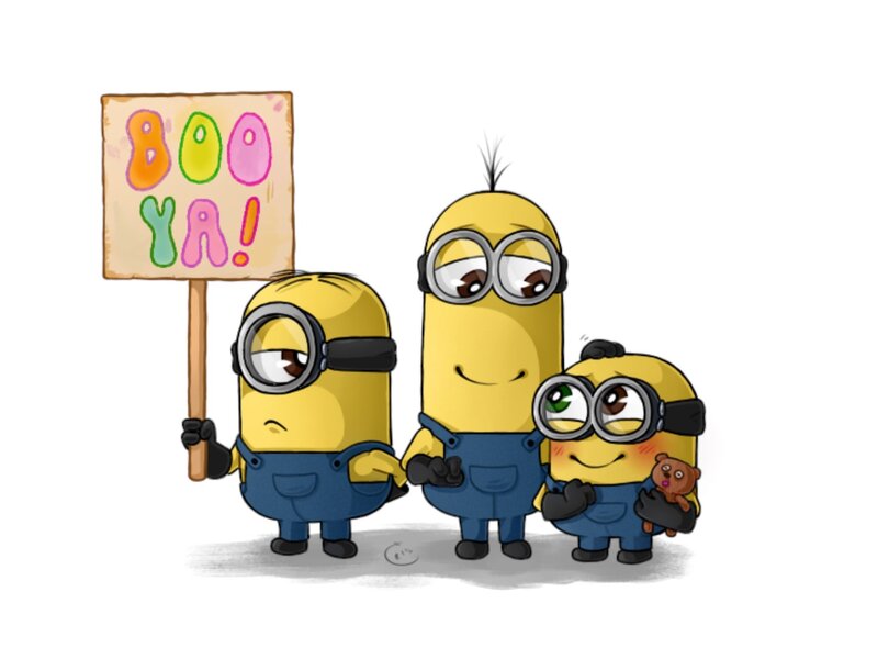 Three Minions Holding Sign — Yellow