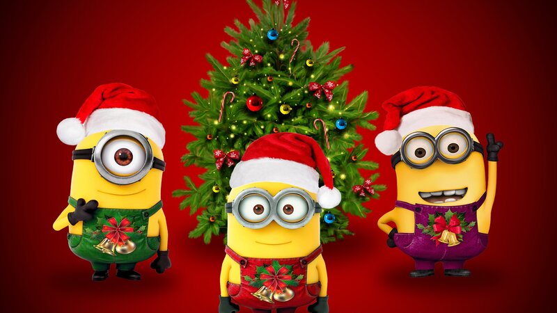 Three Minions with Christmas Tree — Red
