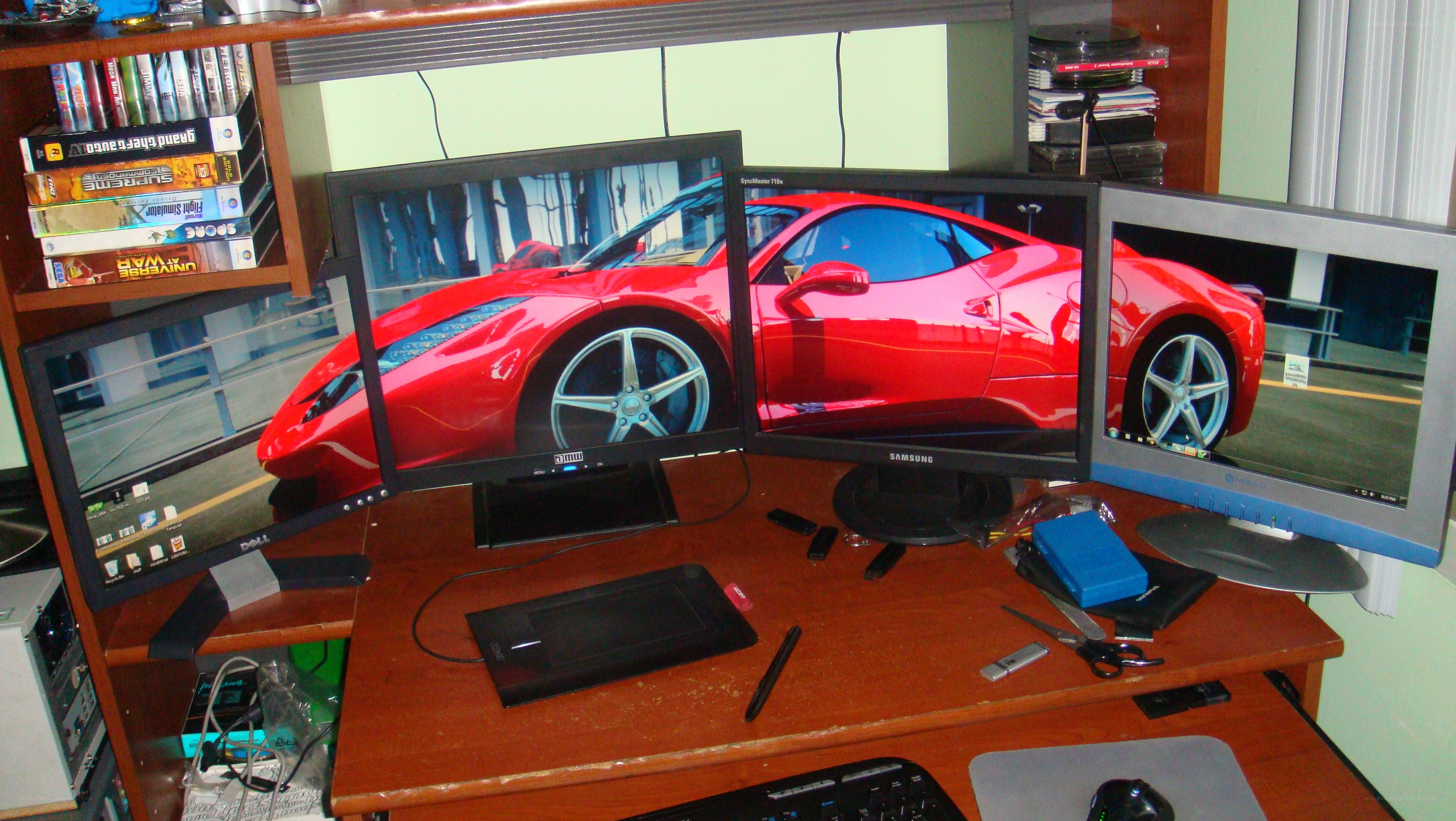 three-monitor workstation setup