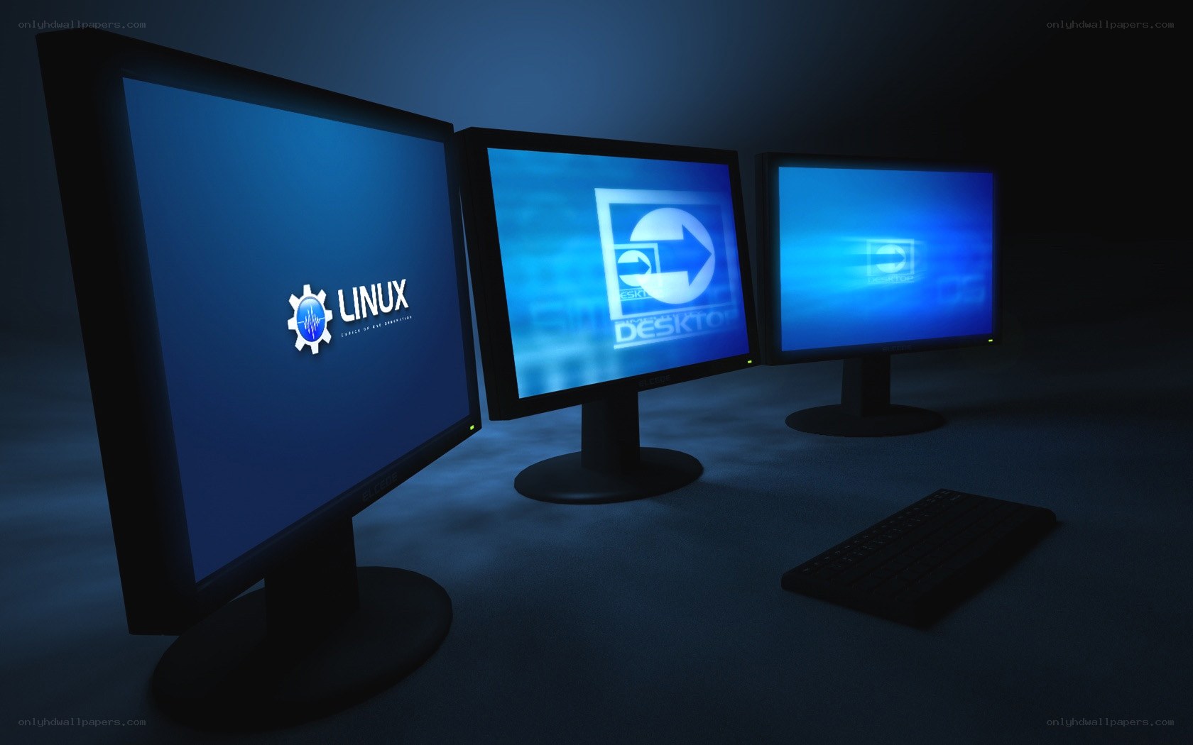 Three monitors with Linux desktops