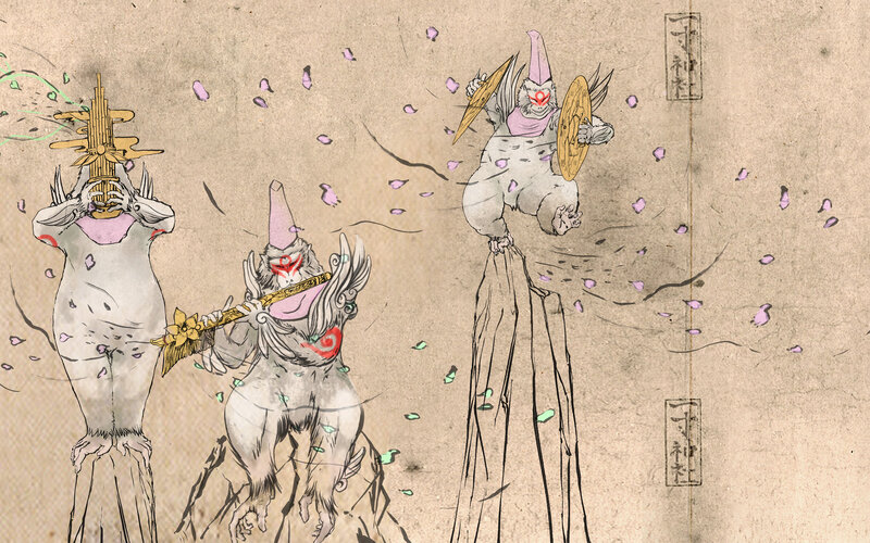 Three monkey-like figures in combat