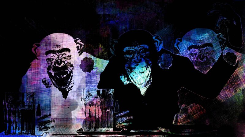 three monkeys at a bar