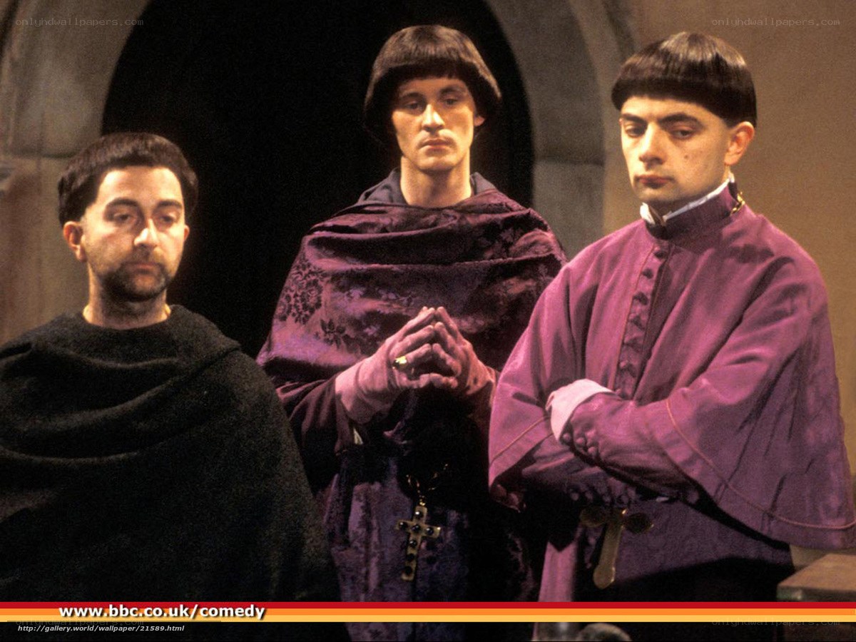 Three monks in purple robes