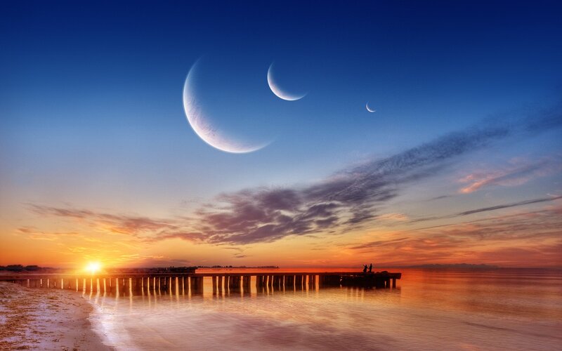 Three Moons over Pier — Blue, Dramatic