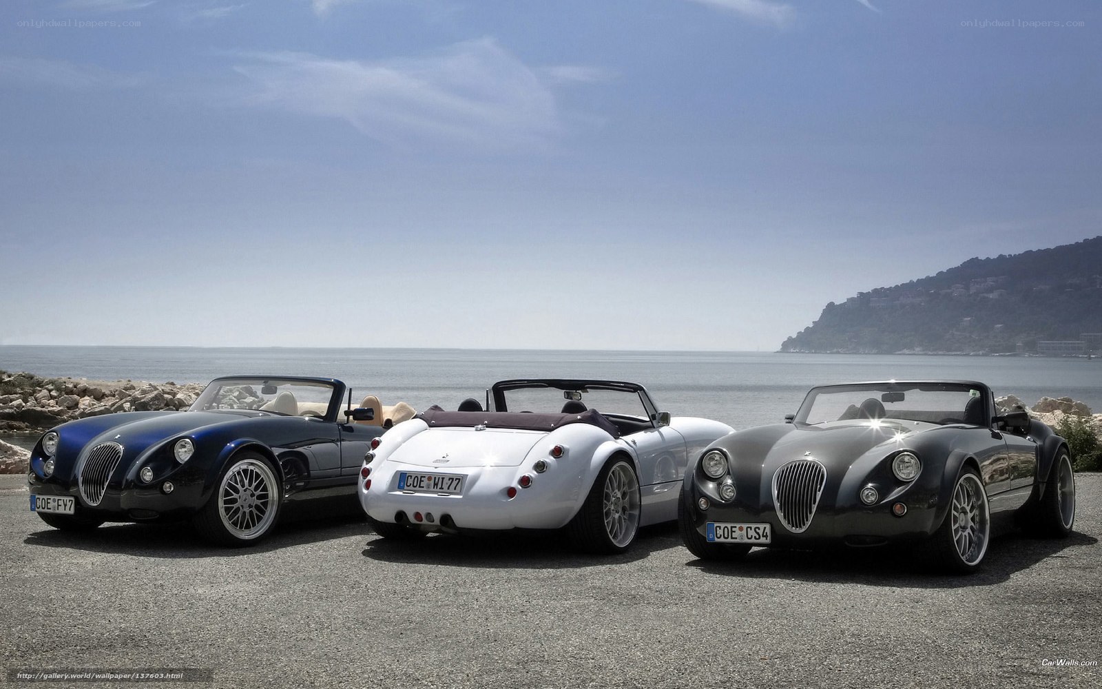 Three Morgan cars by the sea