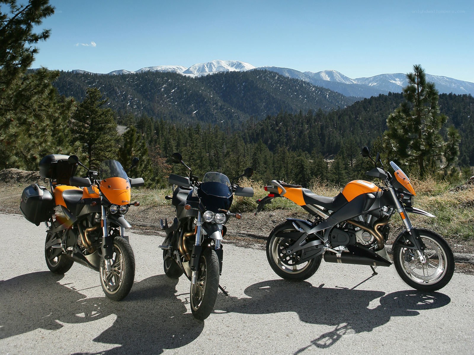 Three motorcycles on a mountain road