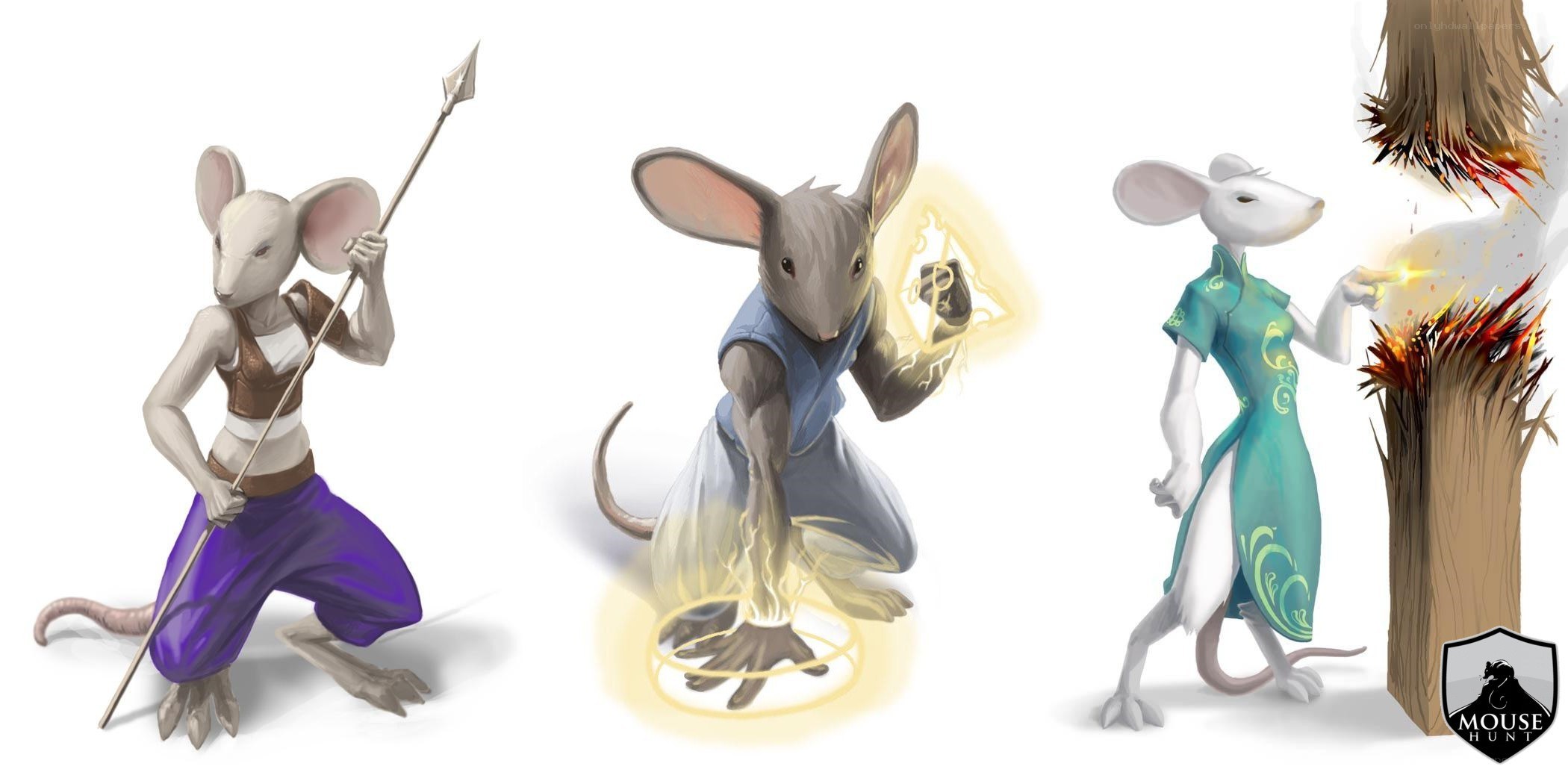 three mouse characters in fantasy attire