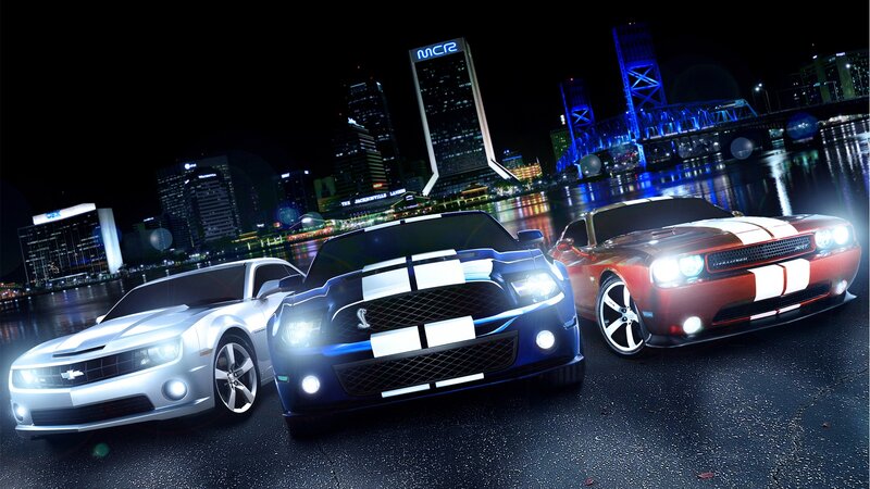 Three Muscle Cars at Night — Black, Dramatic, Digital Art, City Skyline