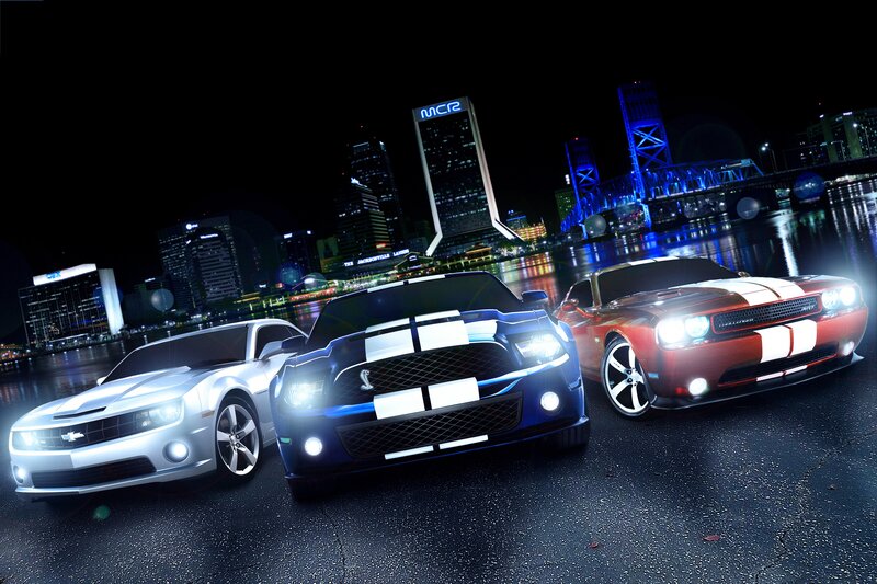 Three Muscle Cars — Black, Dramatic, Night, Digital Art, City Skyline, Bridge